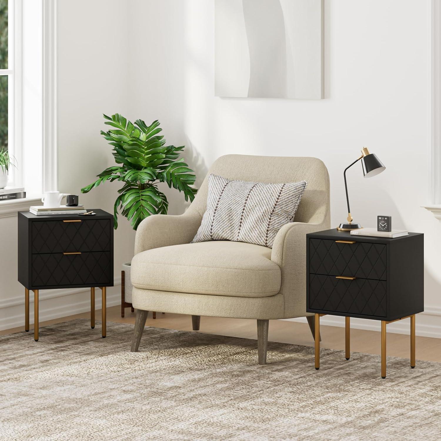 Moderner Nachttisch mit 2 Schubladen Schwarz Gold 40x30x56cm