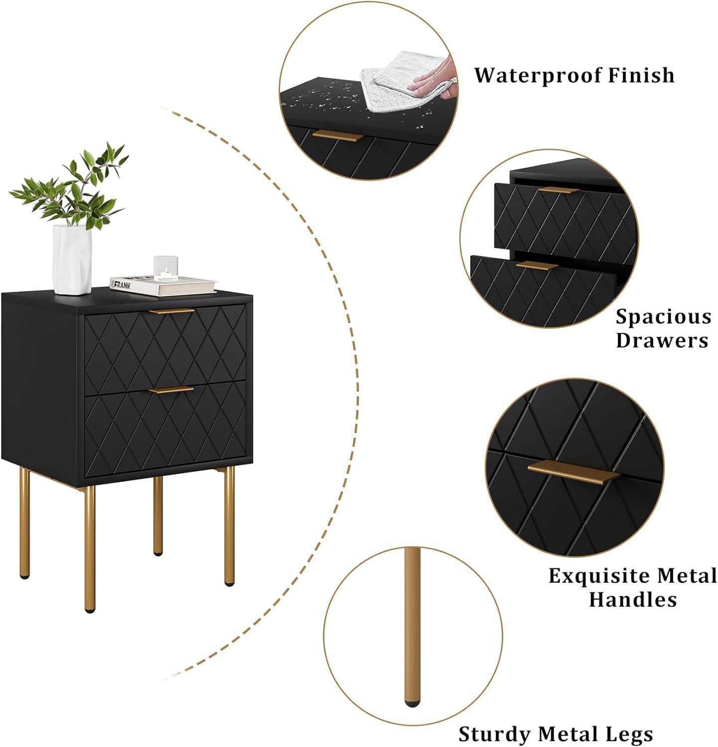 Nachttisch 2 Schubladen Schwarz Gold Modern Möbel Schlafzimmer; Wohnzimmer