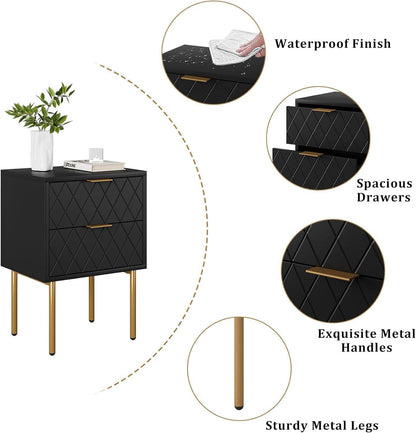 Nachttisch 2 Schubladen Schwarz Gold Modern Möbel Schlafzimmer; Wohnzimmer