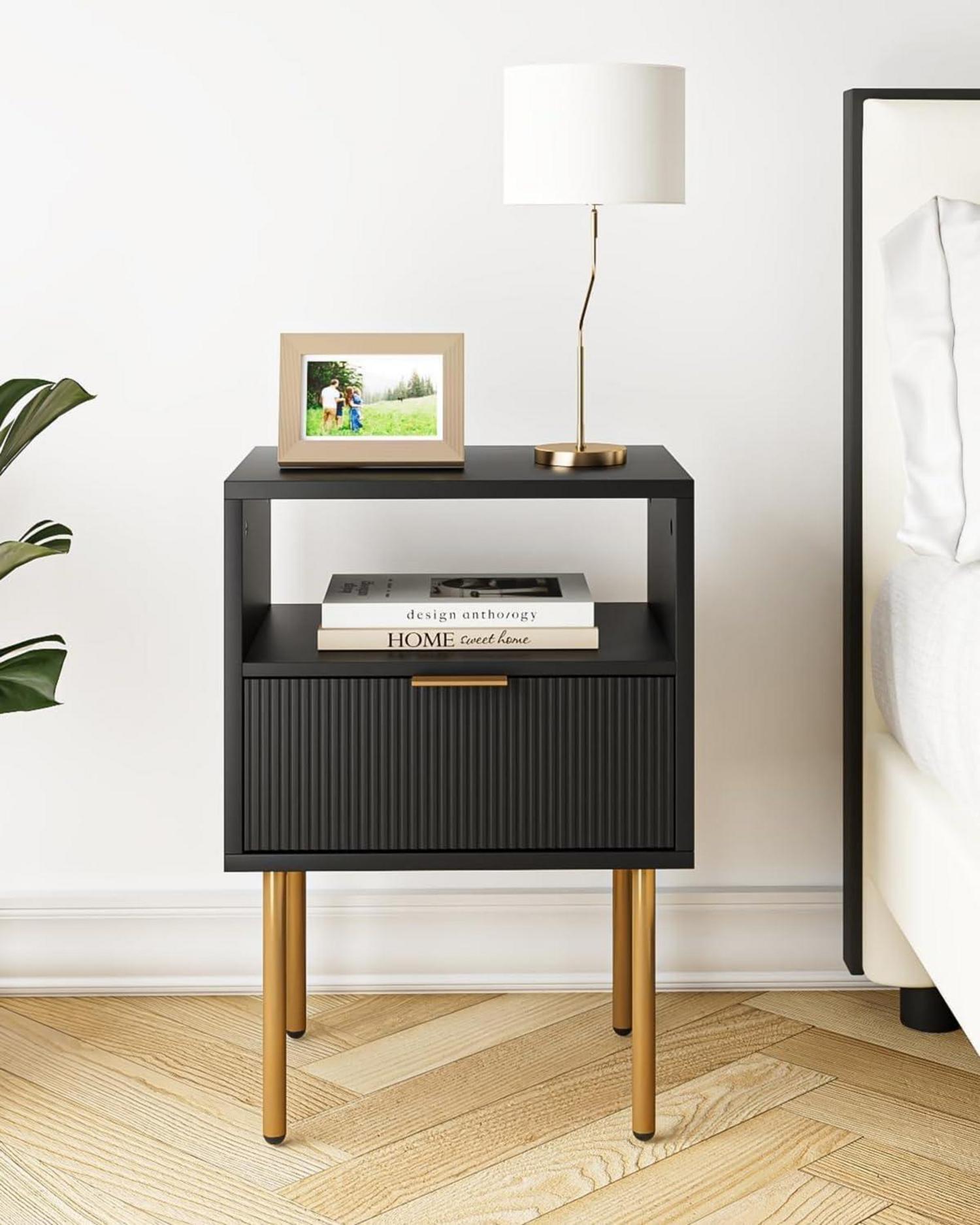 Nachttisch Schwarz Gold 1 Schublade offene Ablage Modern Boho