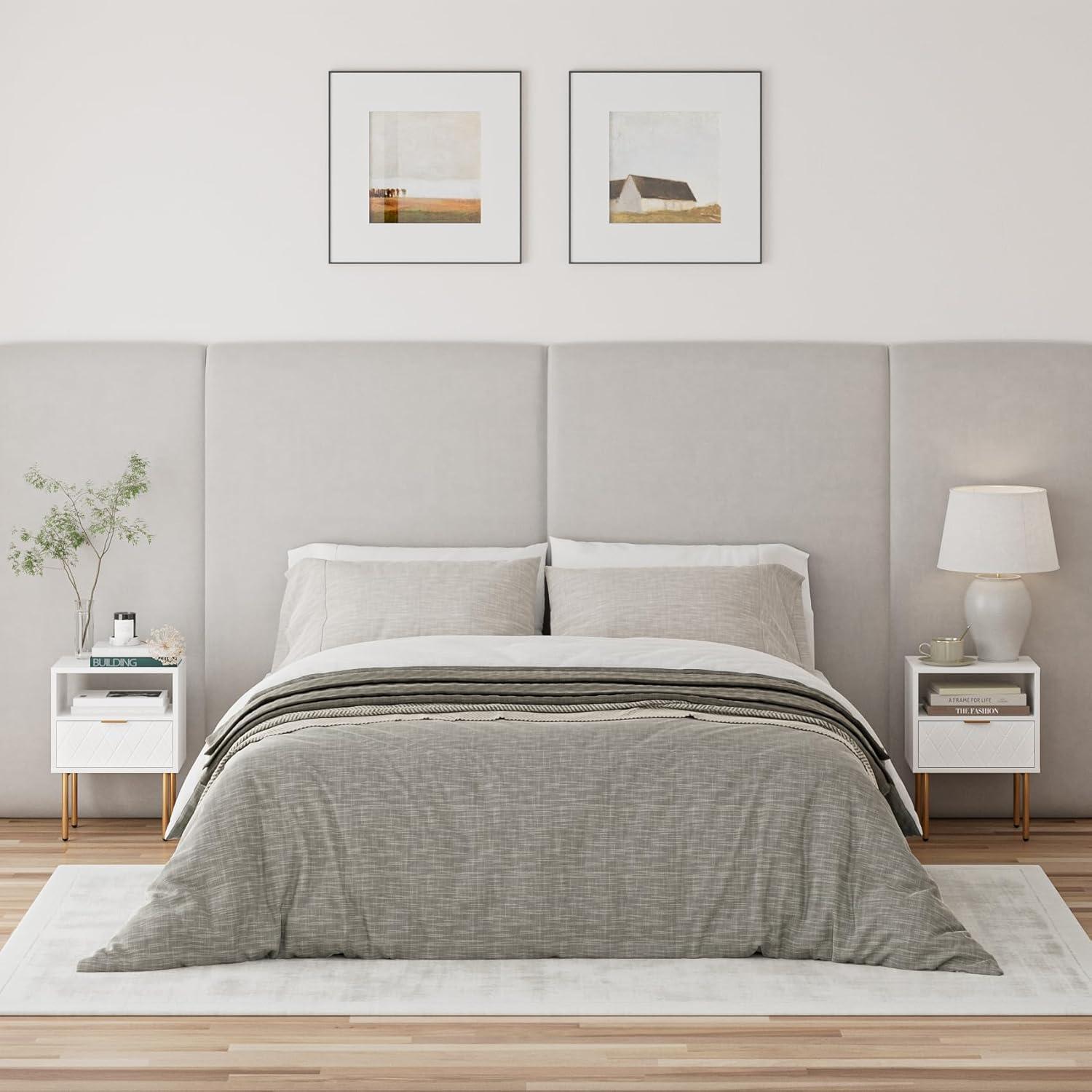 Nachttisch mit offener Ablage und Schublade, Modernes Boho Nachtkästchen, Weiß Gold