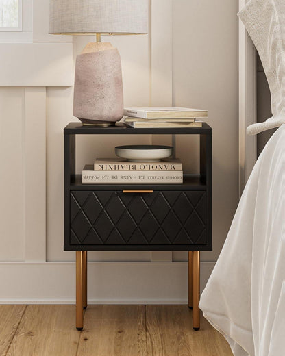 Nachttisch mit Schublade und offener Ablage, Modern Schwarz Gold