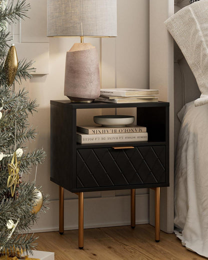 Nachttisch mit Schublade und offener Ablage, Modern Schwarz Gold
