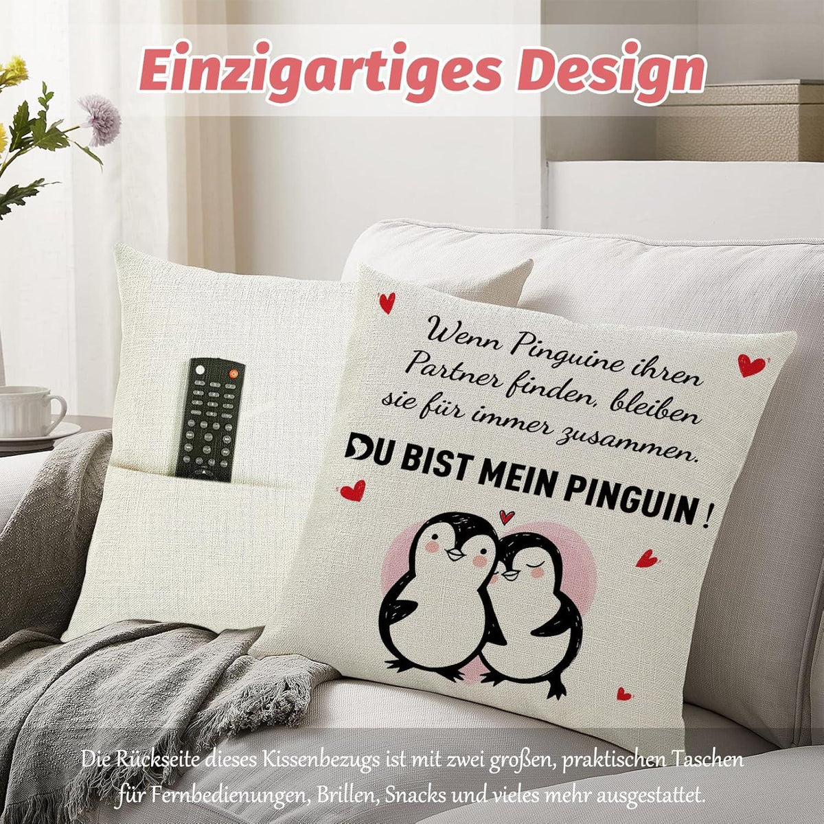 Sunia Pinguin Kissenbezug 45x45 cm Partner Geschenk