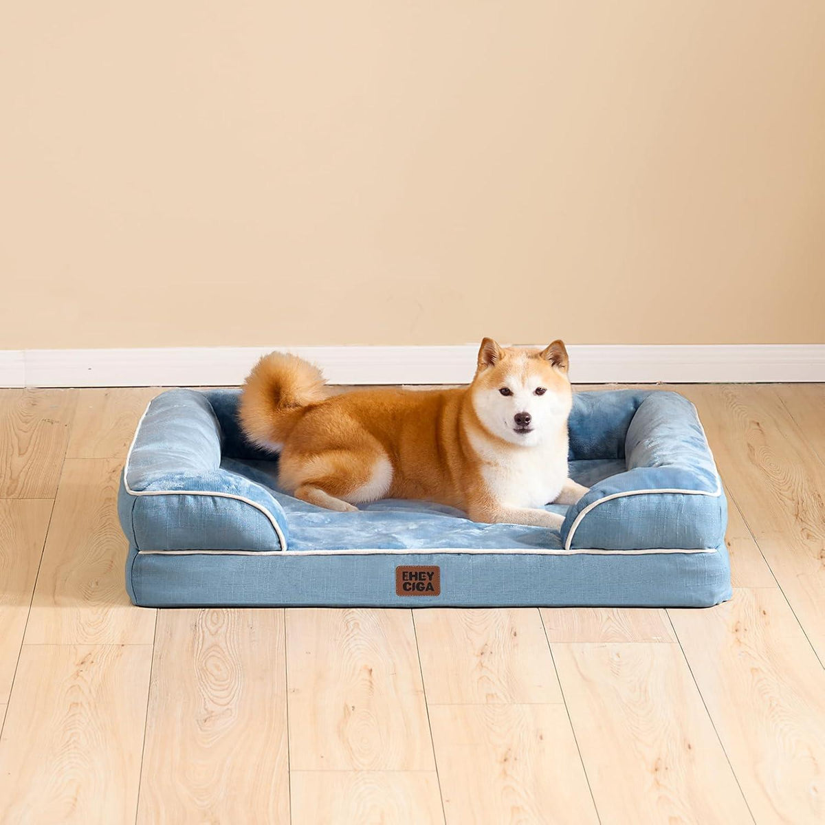 Orthopädisches Hundebett XL Hellblau mit Memory Foam und hohem Rand