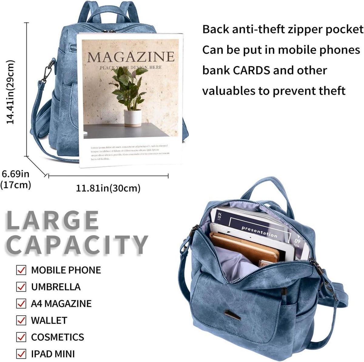Puwuzixi Damen-Rucksack wasserdicht leicht PU-Leder Blau