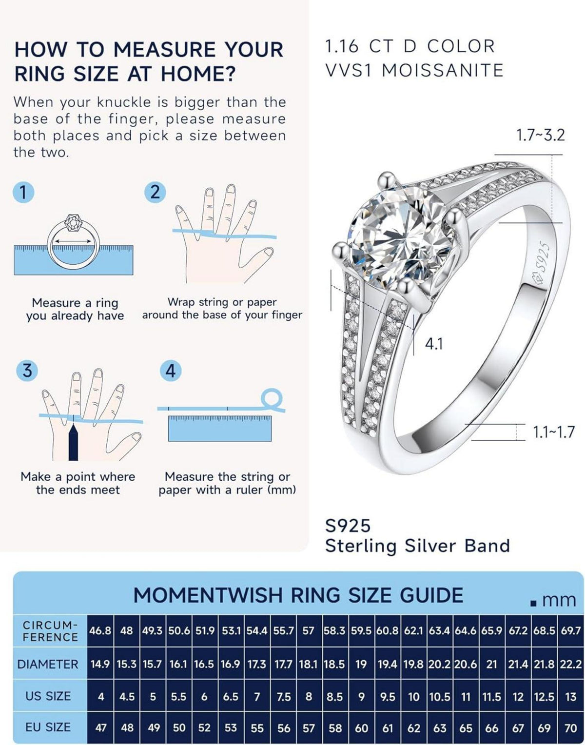 Verlobungsring Damen 1 Karat Moissanite Ringe Silber 925 Geschenk für