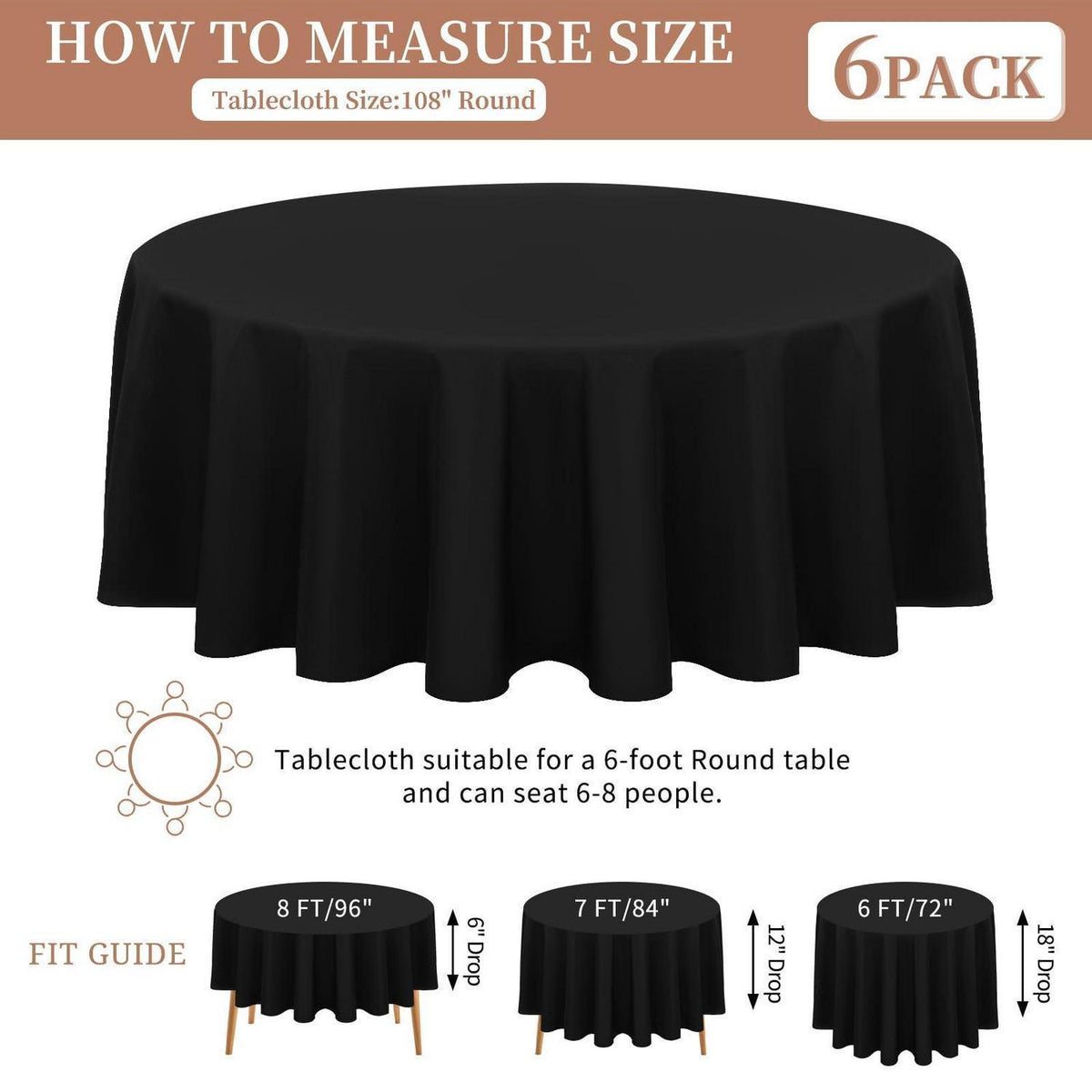 Runde Tischdecke Schwarz 275 cm – 8er Set, Premium Polyester