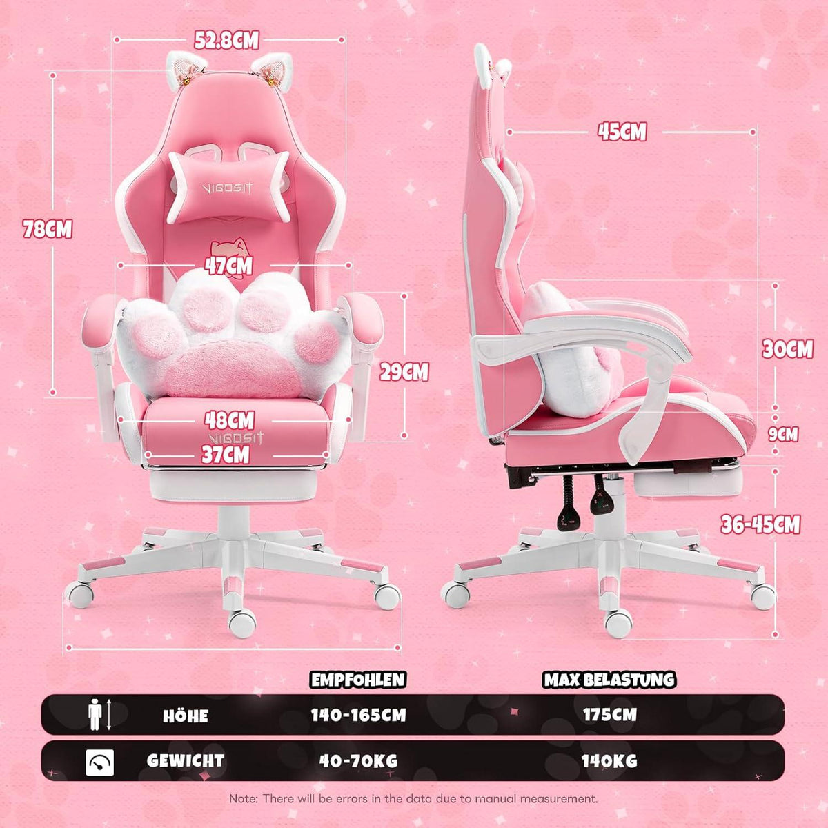 Cute Gaming Stuhl mit Katzenohren und Lendenkissen, Pink