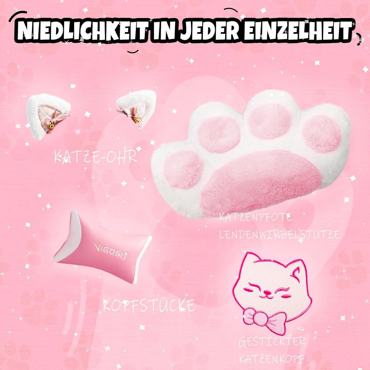 Ergonomischer Gaming Stuhl mit Katzenohren und Lendenkissen