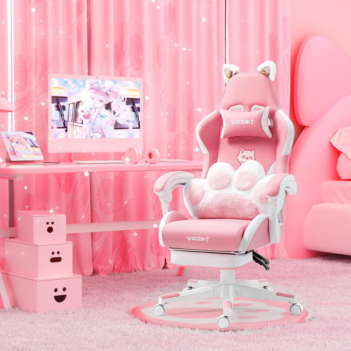 Rosa Gaming Stuhl mit Katzenohren und Katzenpfote Lendenkissen, Mädchen Teenager