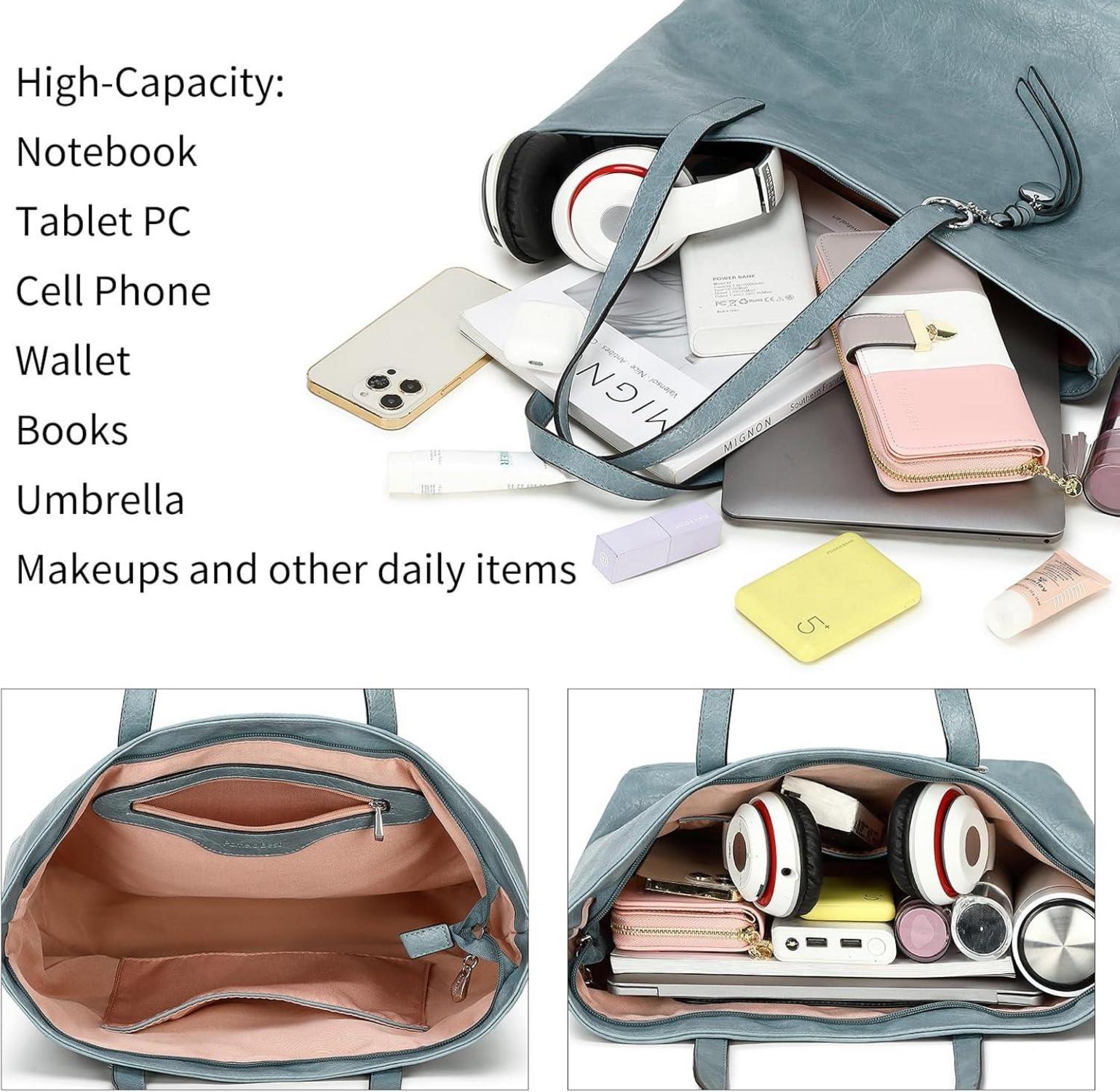 Große Damen Handtasche Büro Schule Shopping A4 Laptop PU Leder Patchwork Design Silber Akzente