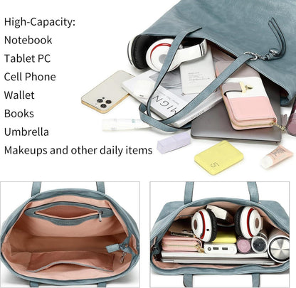 Große Damen Handtasche Büro Schule Shopping A4 Laptop PU Leder Patchwork Design Silber Akzente