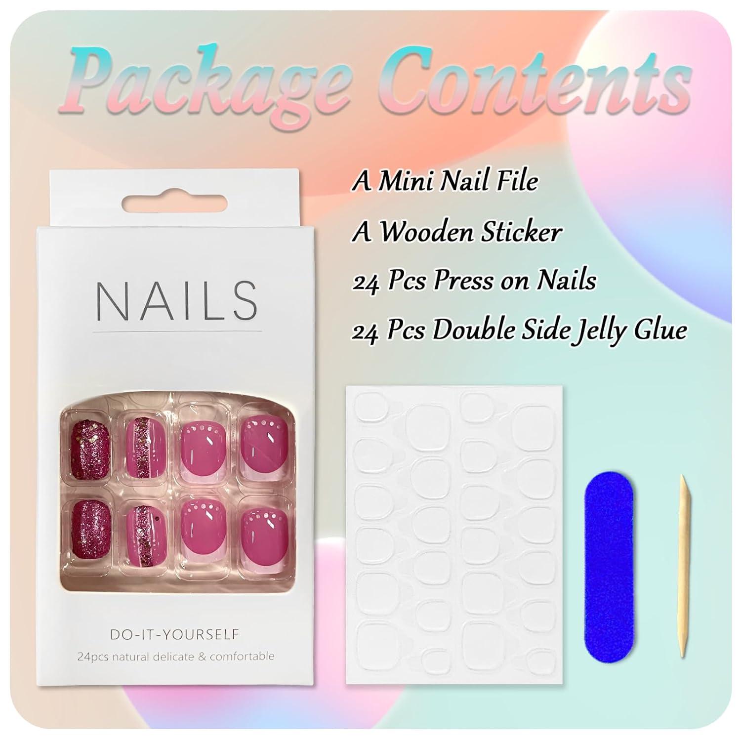24 Stück Glänzende Rosa French Tip Press on Nägel Künstliche Fingernägel