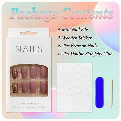 24 Stück Glitzer French Tip Nägel Kurz Acryl Full Cover