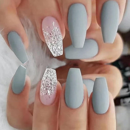 24er Set Mittel-Sarg Nägel Aufkleben Grau Blau Frosted French Nails