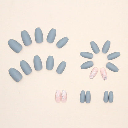 24er Set Mittel-Sarg Nägel Aufkleben Grau Blau Frosted French Nails