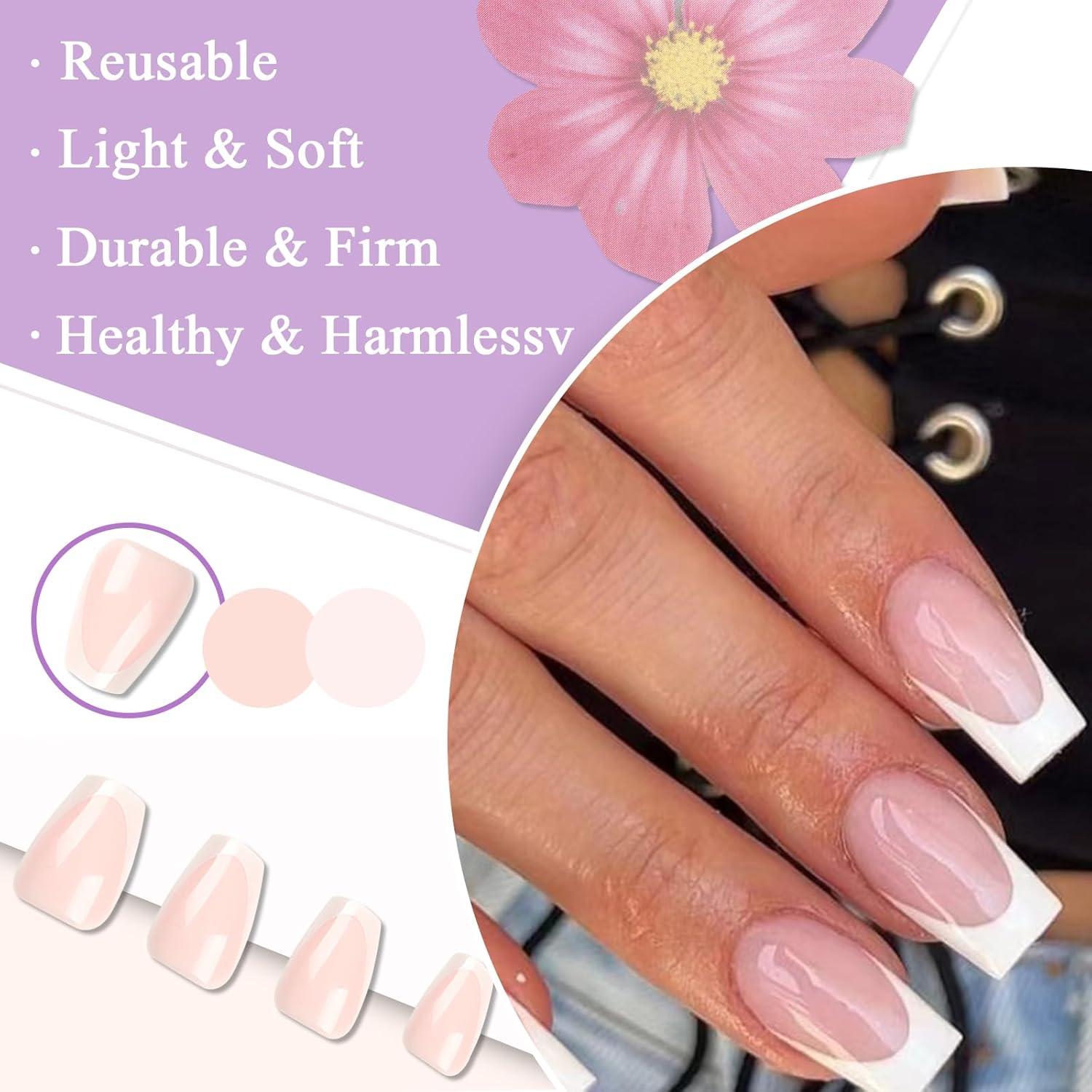 24er Set Eckige Nägel Nude Weiß French Tip Press on Nails