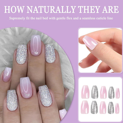 24er Set Rosa Farbverlauf Press on Nägel mit Nagelkleber, Acryl Fake Nägel, French Nails für Frauen