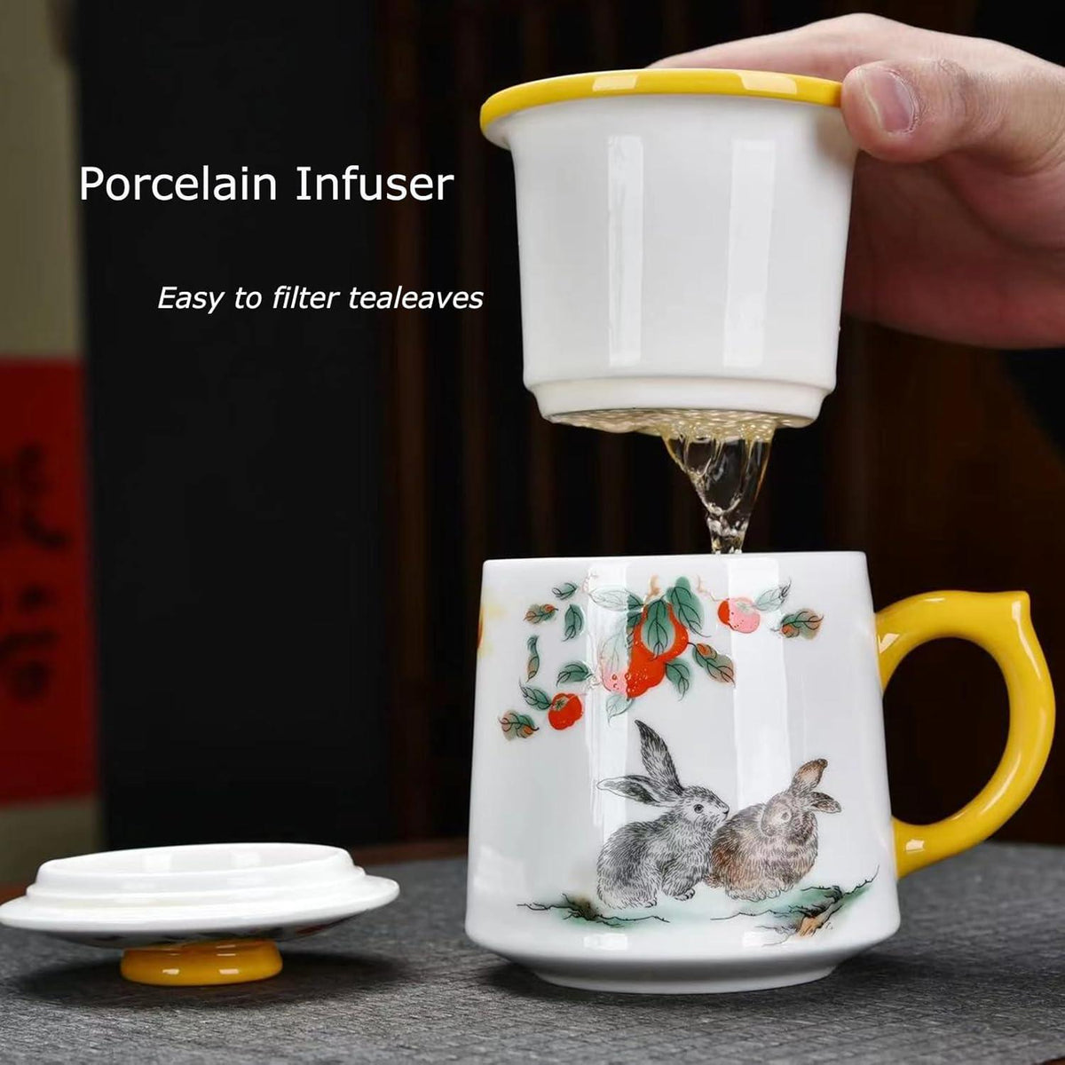 Chinesische Teetassen Kaninchen Teebecher Porzellan 415ml mit Deckel