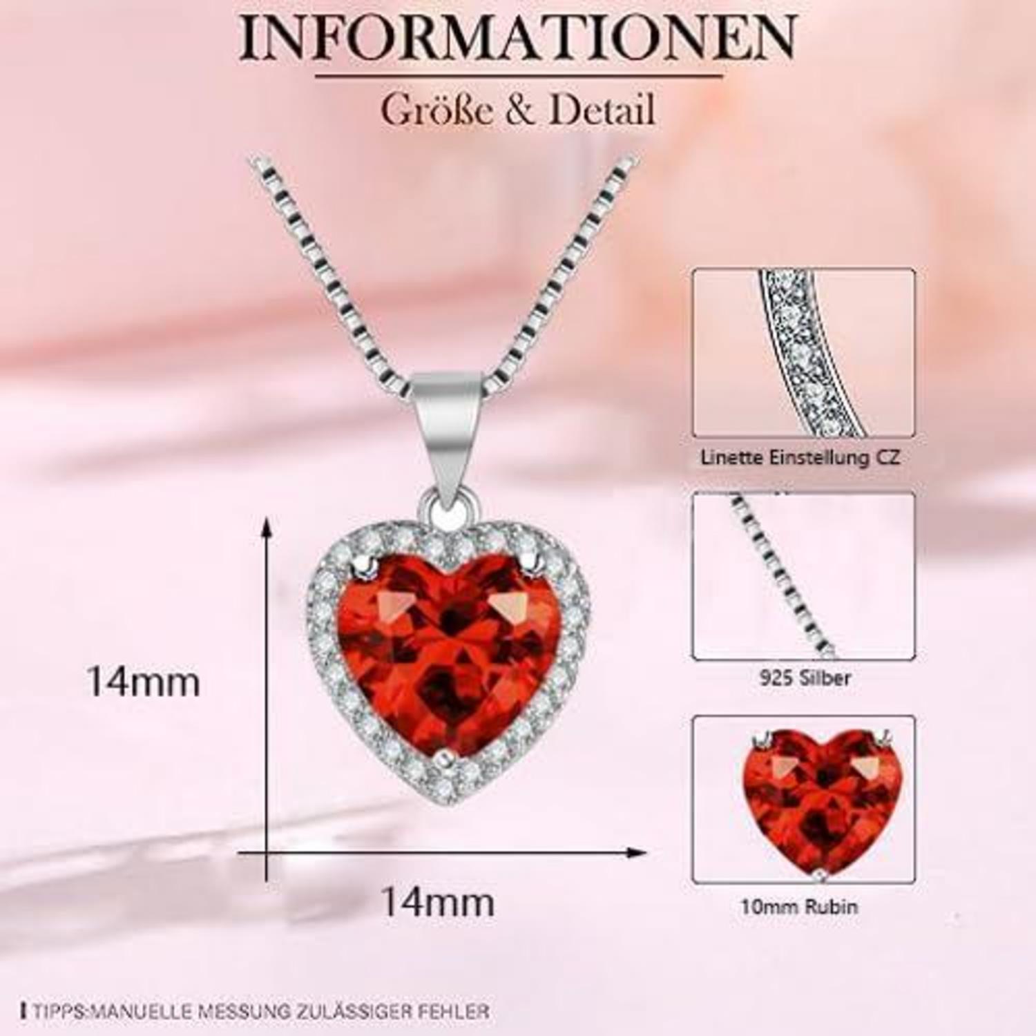 Ewige Rose Kette Silber 925 Herz Rubin-Anhänger Kristall Birthstone Geschenkbox
