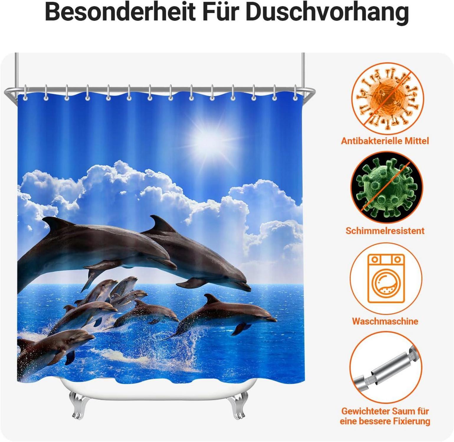 Duschvorhang Delphin 180x200cm Wasserabweisend Antischimmel Textil 12 Ösen