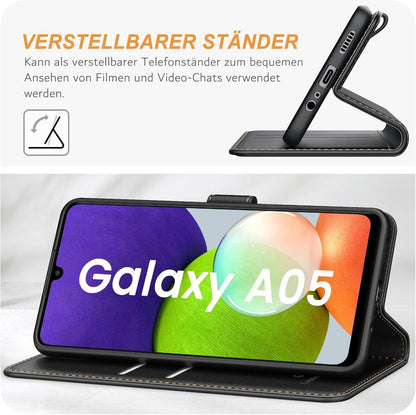 Samsung Galaxy A05 Handyhülle: Premium Leder Klapphülle mit Kartenschlitzen, Magnetverschluss und Standfunktion - Schwarz