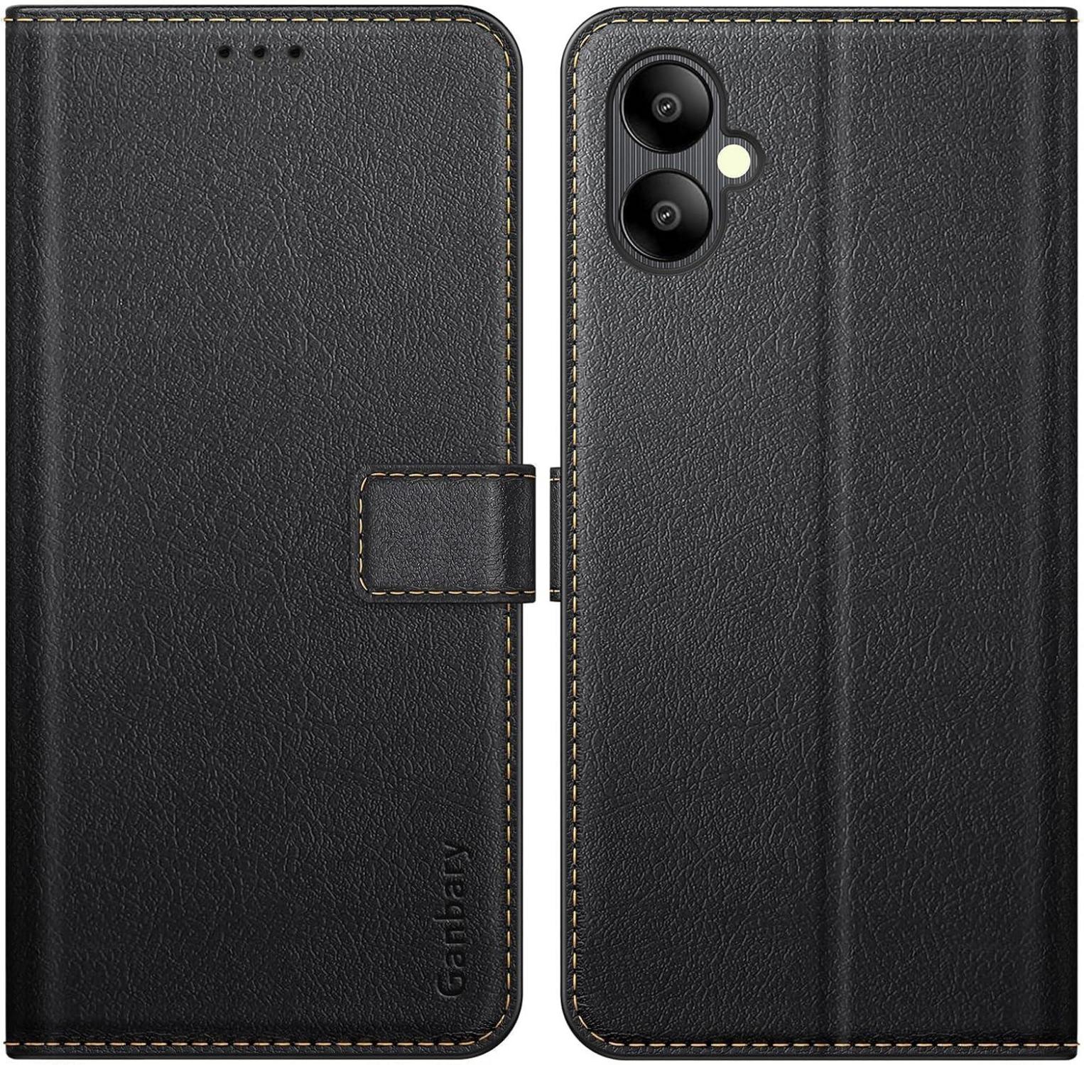 Samsung Galaxy A05 Handyhülle: Premium Leder Klapphülle mit Kartenschlitzen, Magnetverschluss und Standfunktion - Schwarz