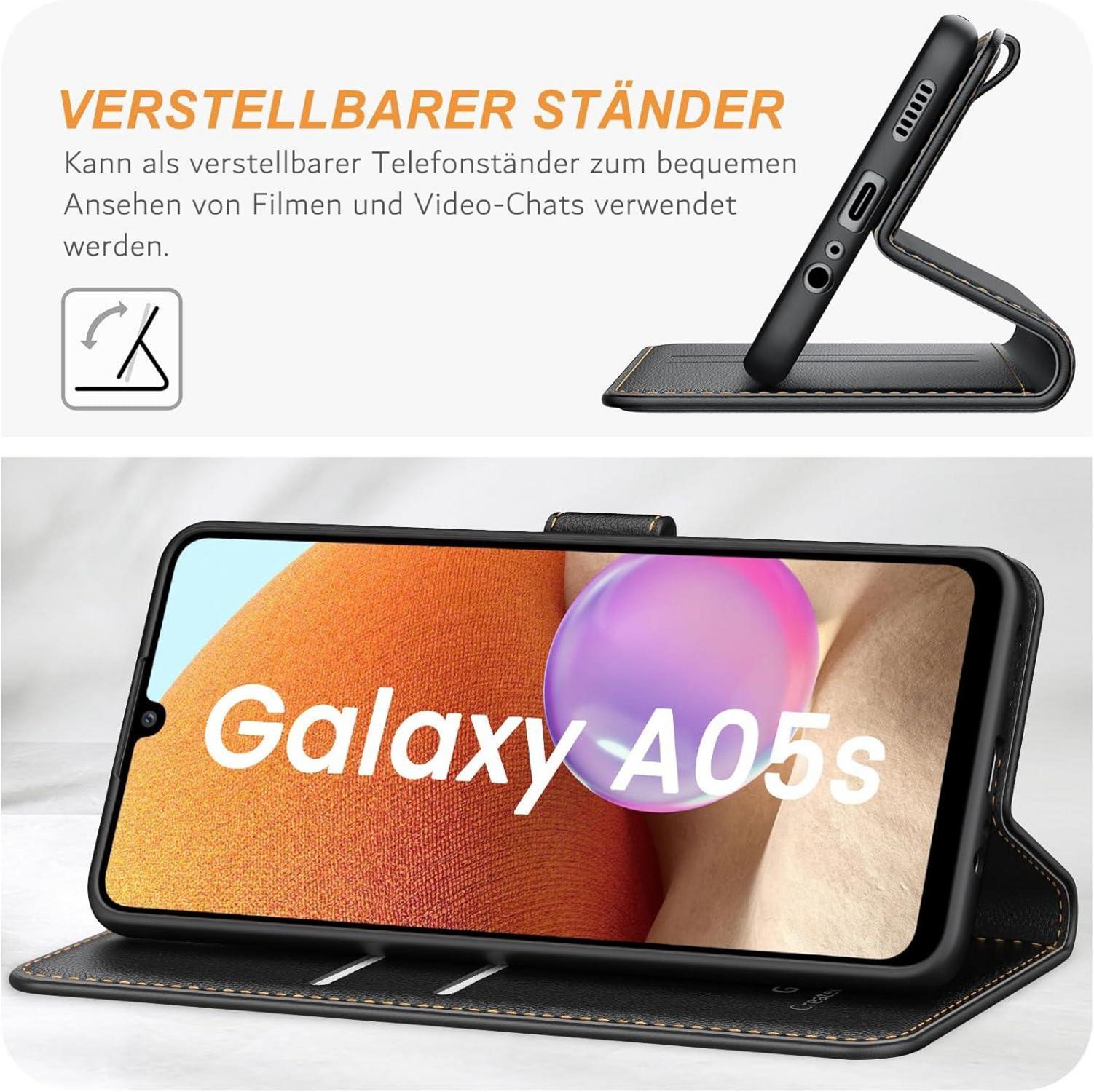 Samsung Galaxy A05s Handyhülle - Premium Leder Klapphülle mit Kartenschlitzen & Standfunktion, Schwarz