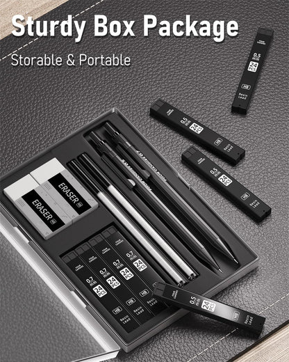 Druckbleistift Set Metall 0.5mm 0.7mm 8 Tuben HB 2 Radiergummi Nachfüllungen