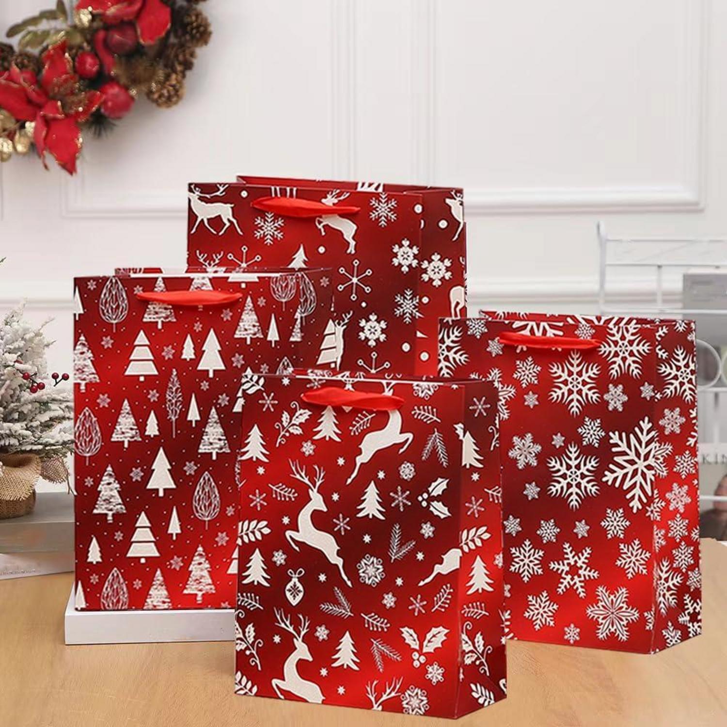 4er-Pack Weihnachtspapier-Geschenktüten mit Griffen, rote Bonbontüten