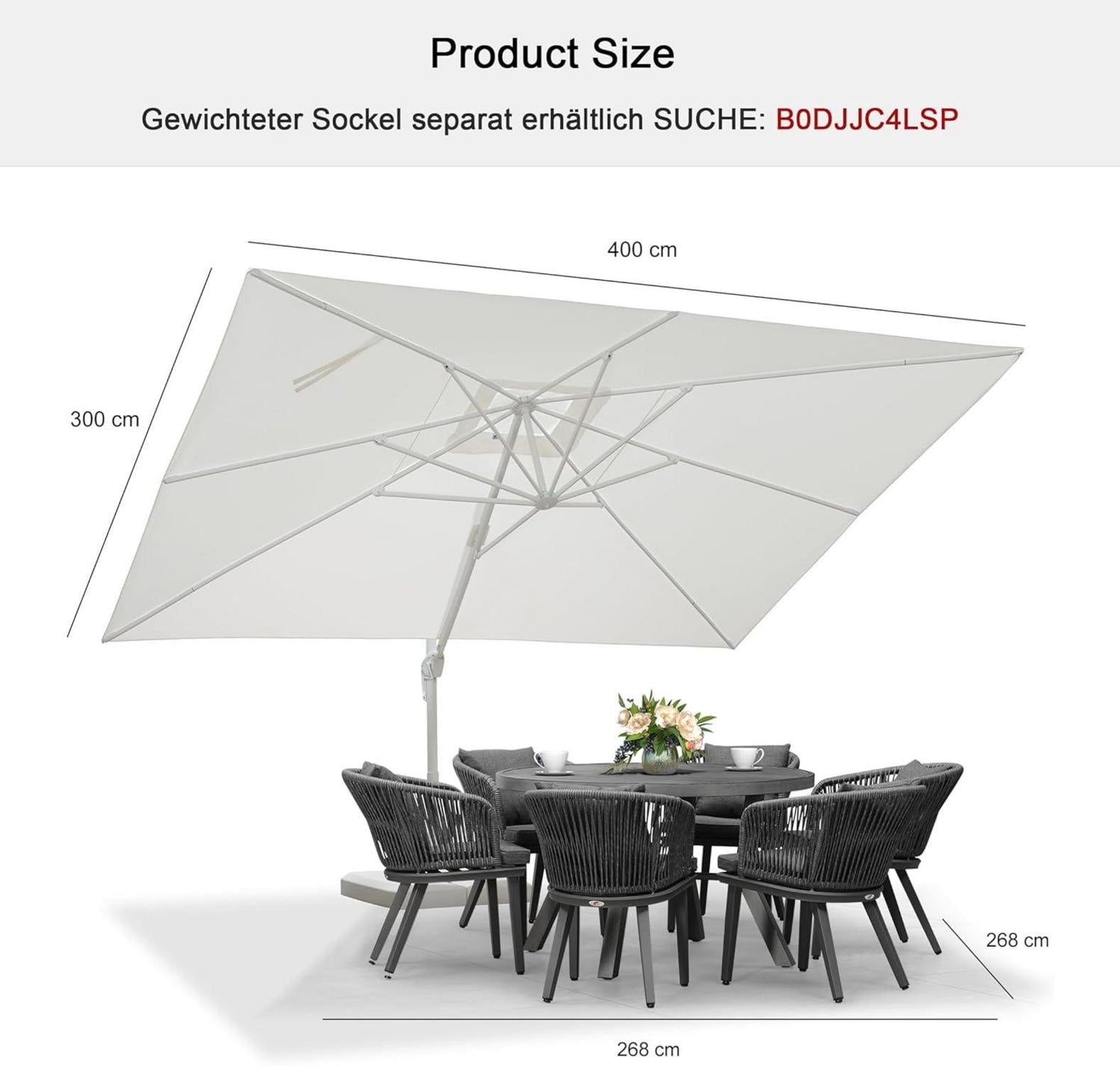 XL Ampelschirm Rechteckig 300x400 cm Weiß Kurbel Aluminium Stabil UV-Geschützt