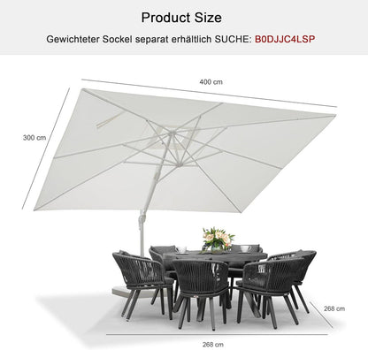 XL Ampelschirm Rechteckig 300x400 cm Weiß Kurbel Aluminium Stabil UV-Geschützt