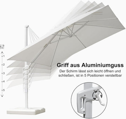 Ampelschirm Rechteckig 300x400 cm, Kurbel, Aluminium Gestell Weiß, UV-beständig