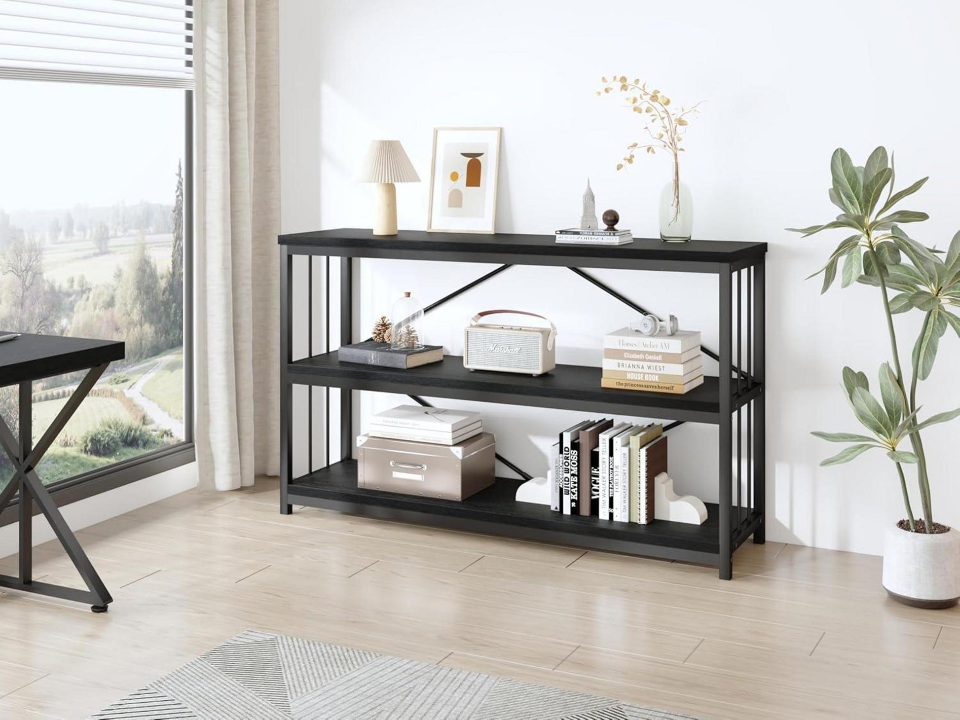 Schmaler Holz Konsolentisch mit Bücherregal, 120x34x74