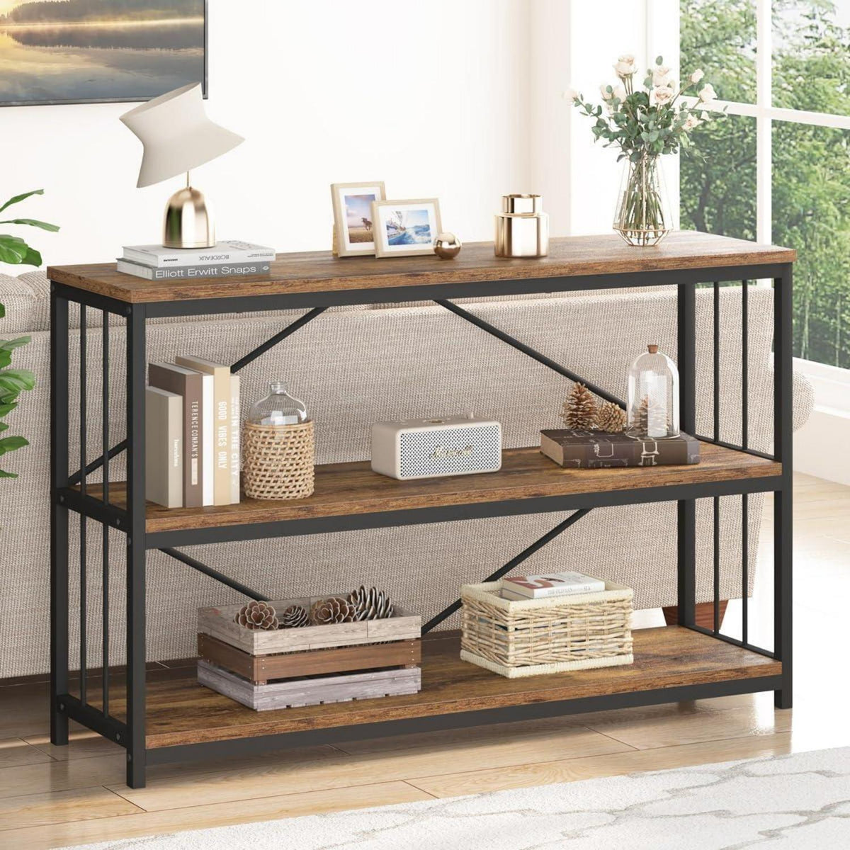 Konsolentisch Schwarz Holz 3 Ebenen Stauraum Bücherregal 140x34x74 cm