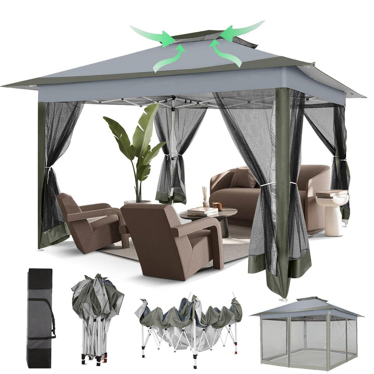 3x3 Gartenpavillon wasserdicht, Pop-Up mit Moskitonetz