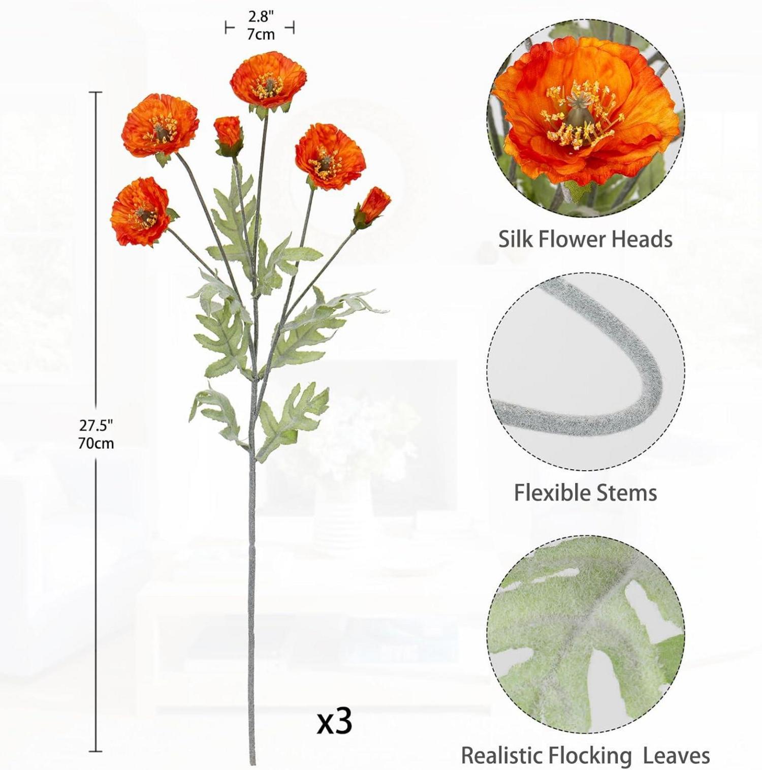3er Set Künstliche Mohnblumen Kunstzweige Orange 70cm