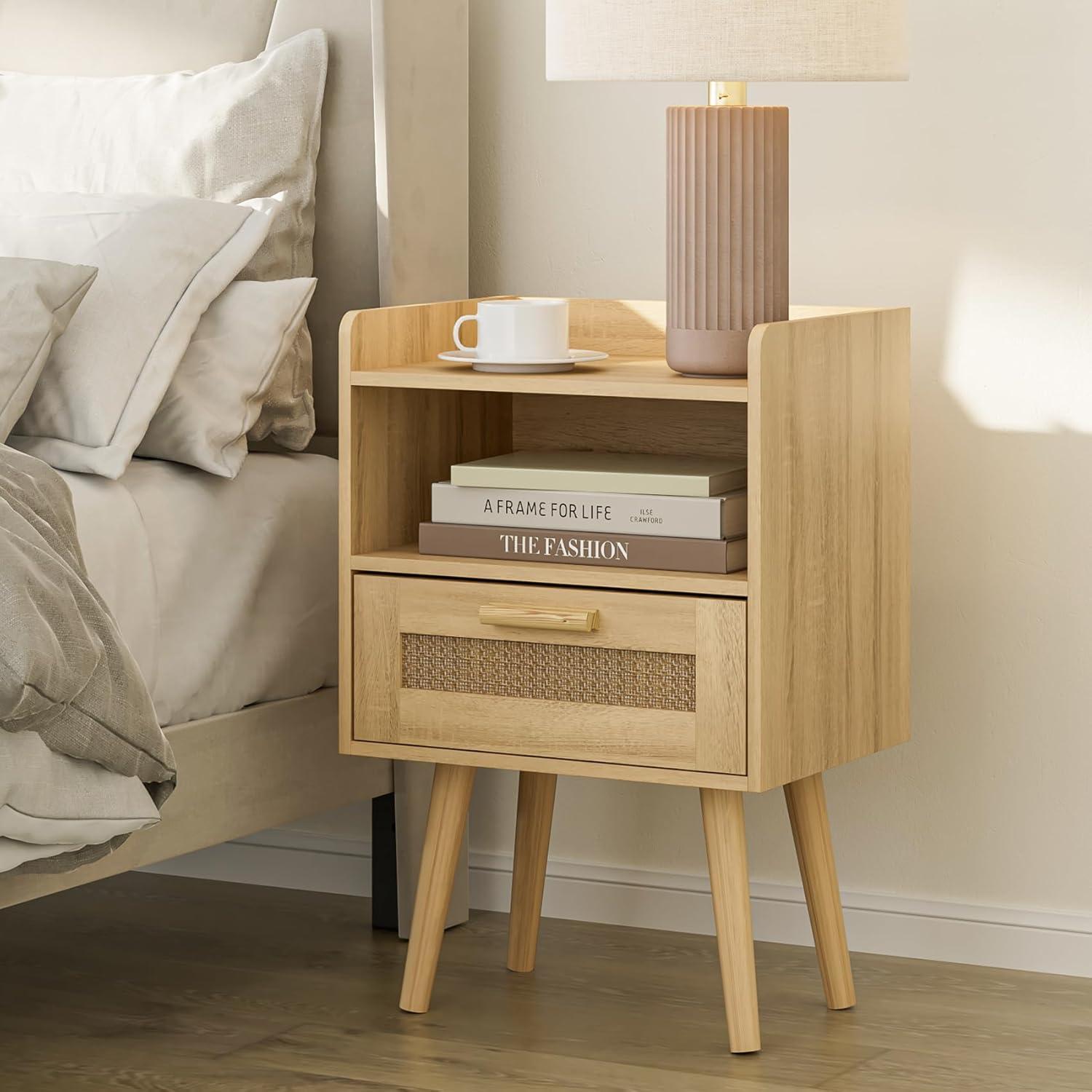 Nachttisch Rattan Beistelltisch Schublade Holz Beine Schlafzimmer