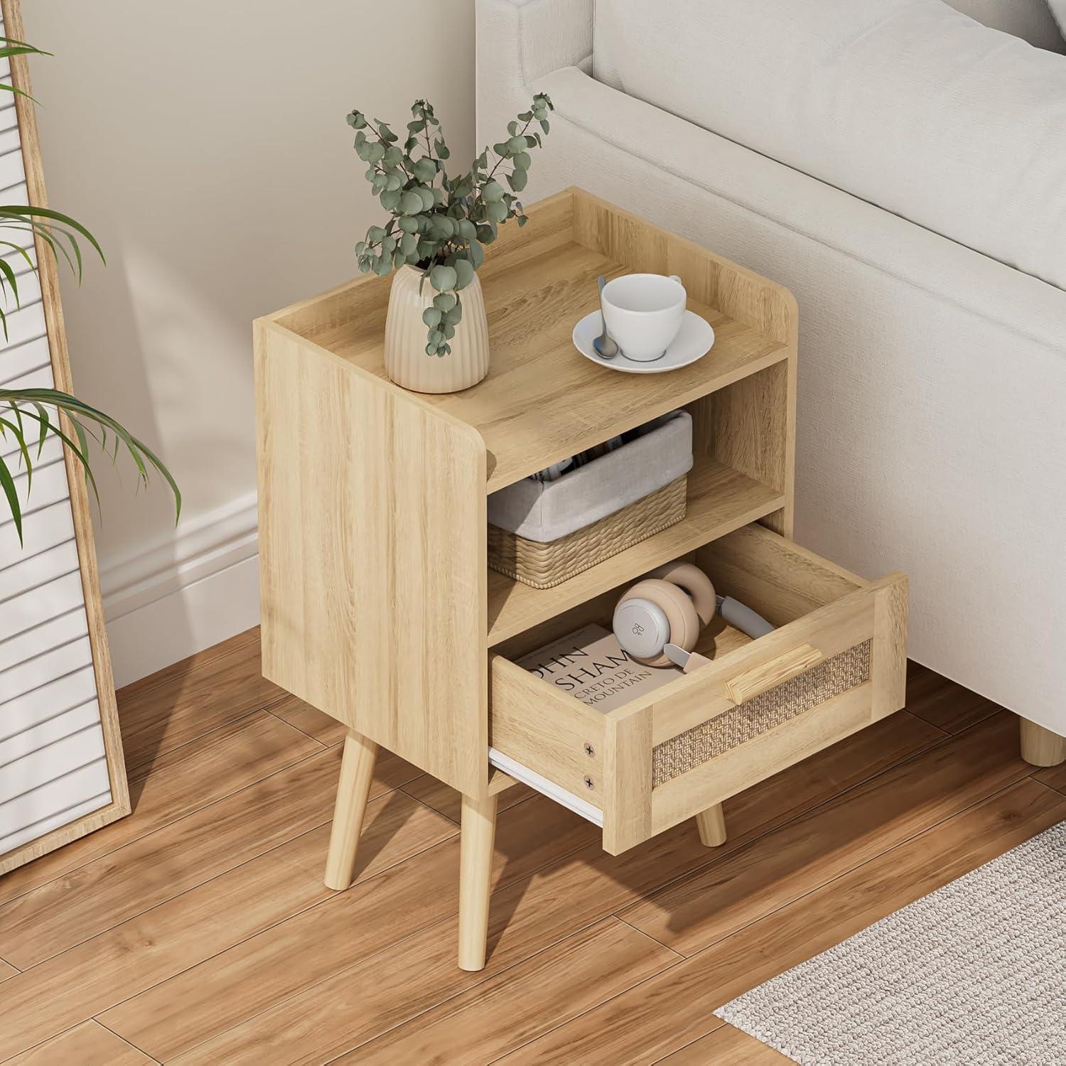 Nachttisch Rattan Beistelltisch mit Schublade Holzbeine Eiche Gelb