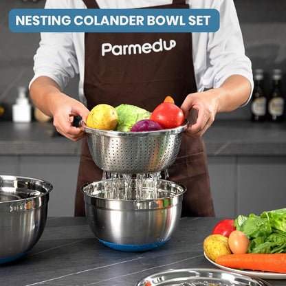 Parmedu 5-in-1 Multifunktions-Rührschüssel-Set aus Edelstahl mit 3 großen Salatschüsseln