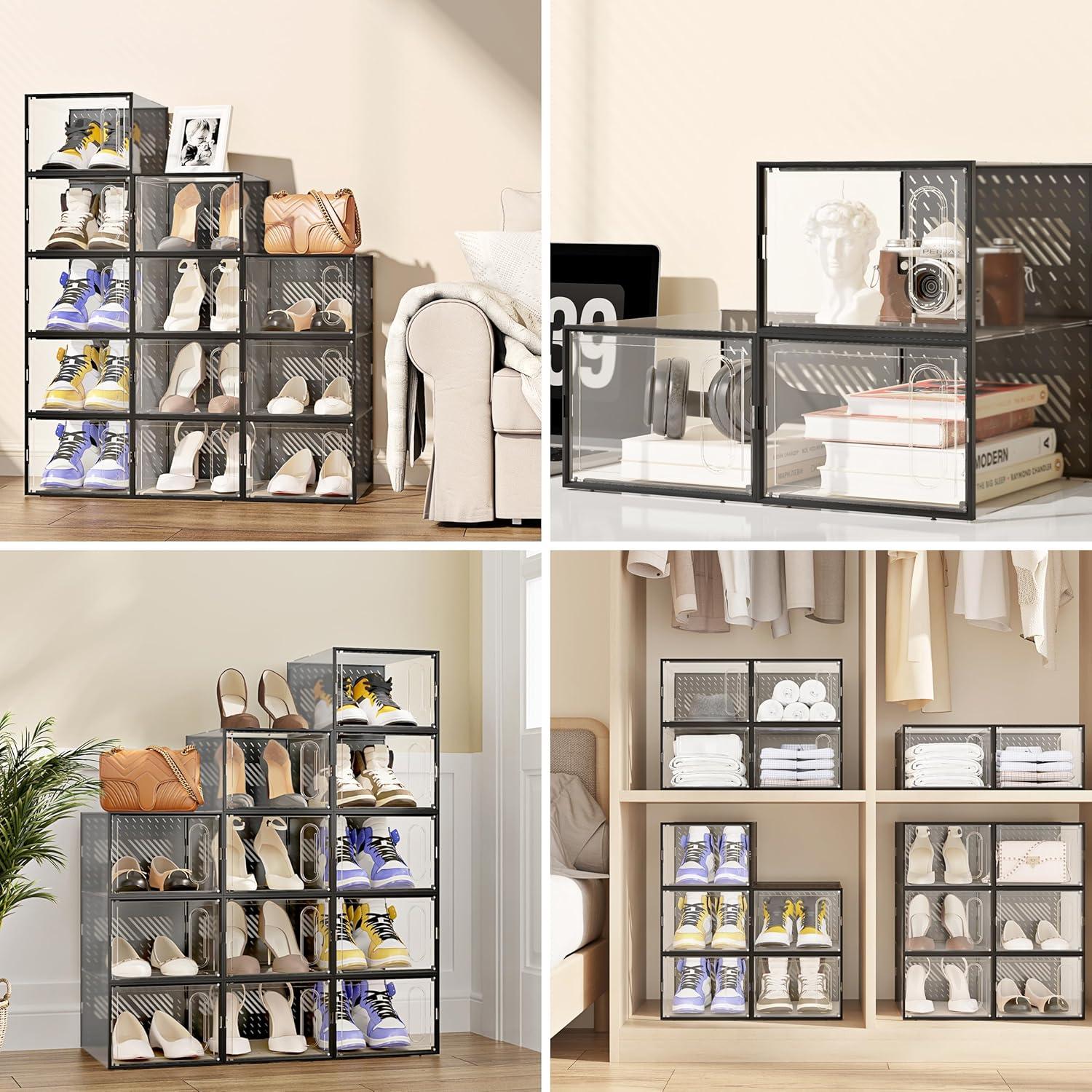 Transparente stapelbare Schuhboxen magnetische Tür 12er Set Schwarz