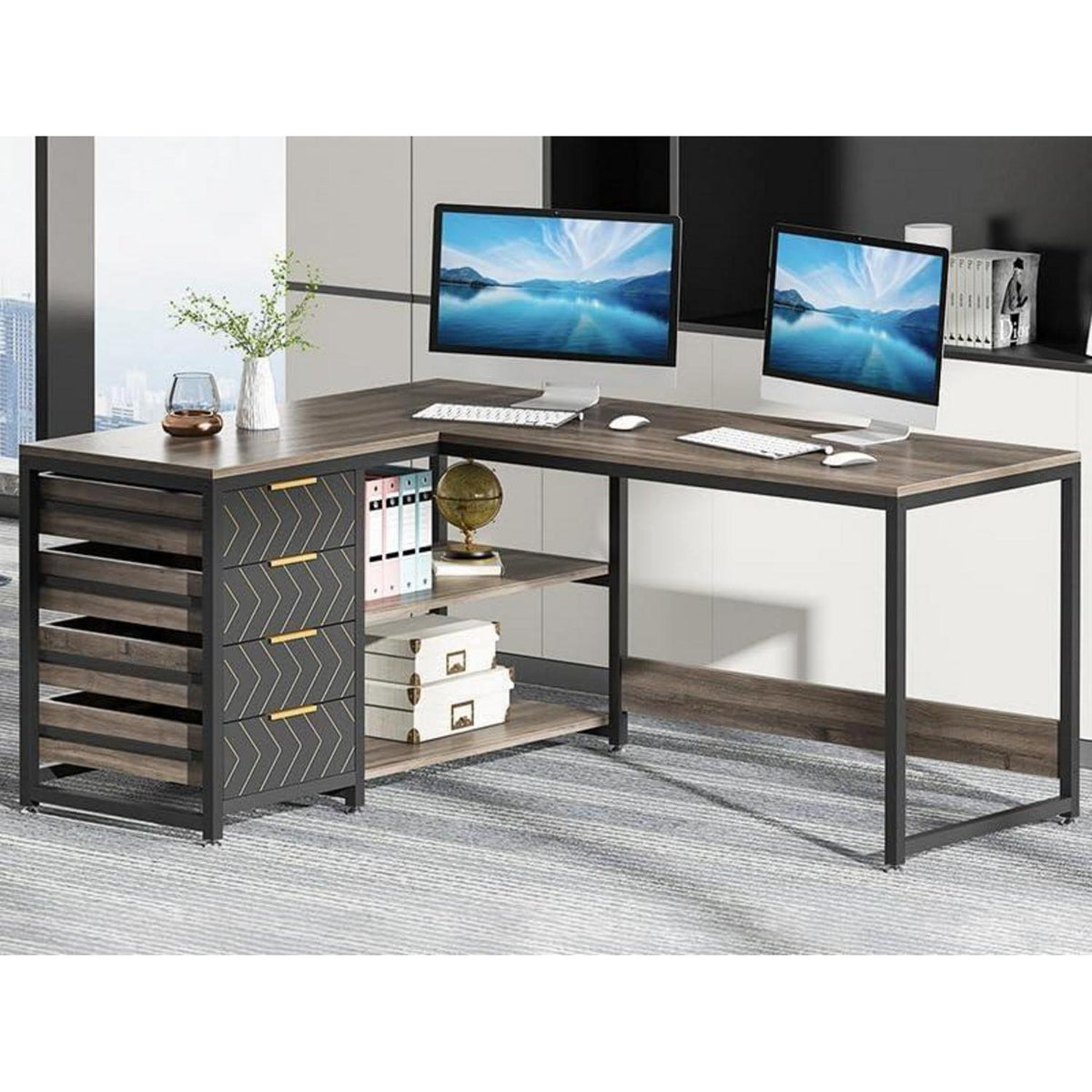 L-förmiger Schreibtisch mit Schubladen – Eckschreibtisch für Büro & Home Office