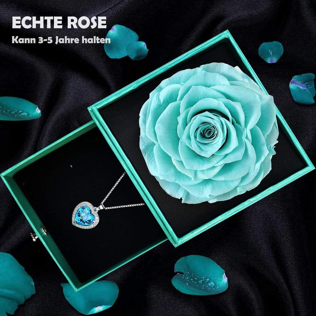 Ewige Rosen Kette mit Aquamarin Kristall Herz Halskette