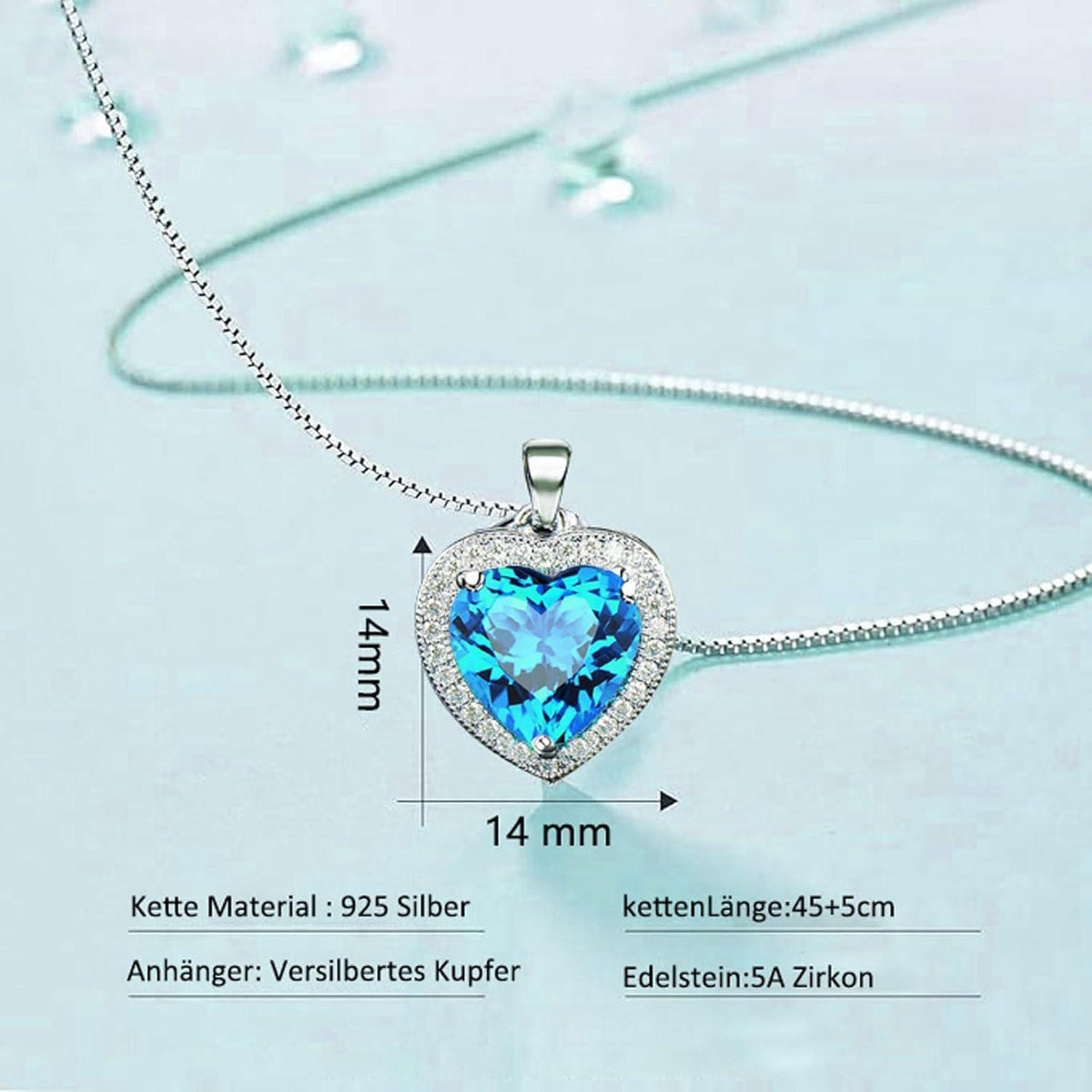 Ewige Aquamarin Rosen Kette Silber 925 Damen Kristall Herz Halskette