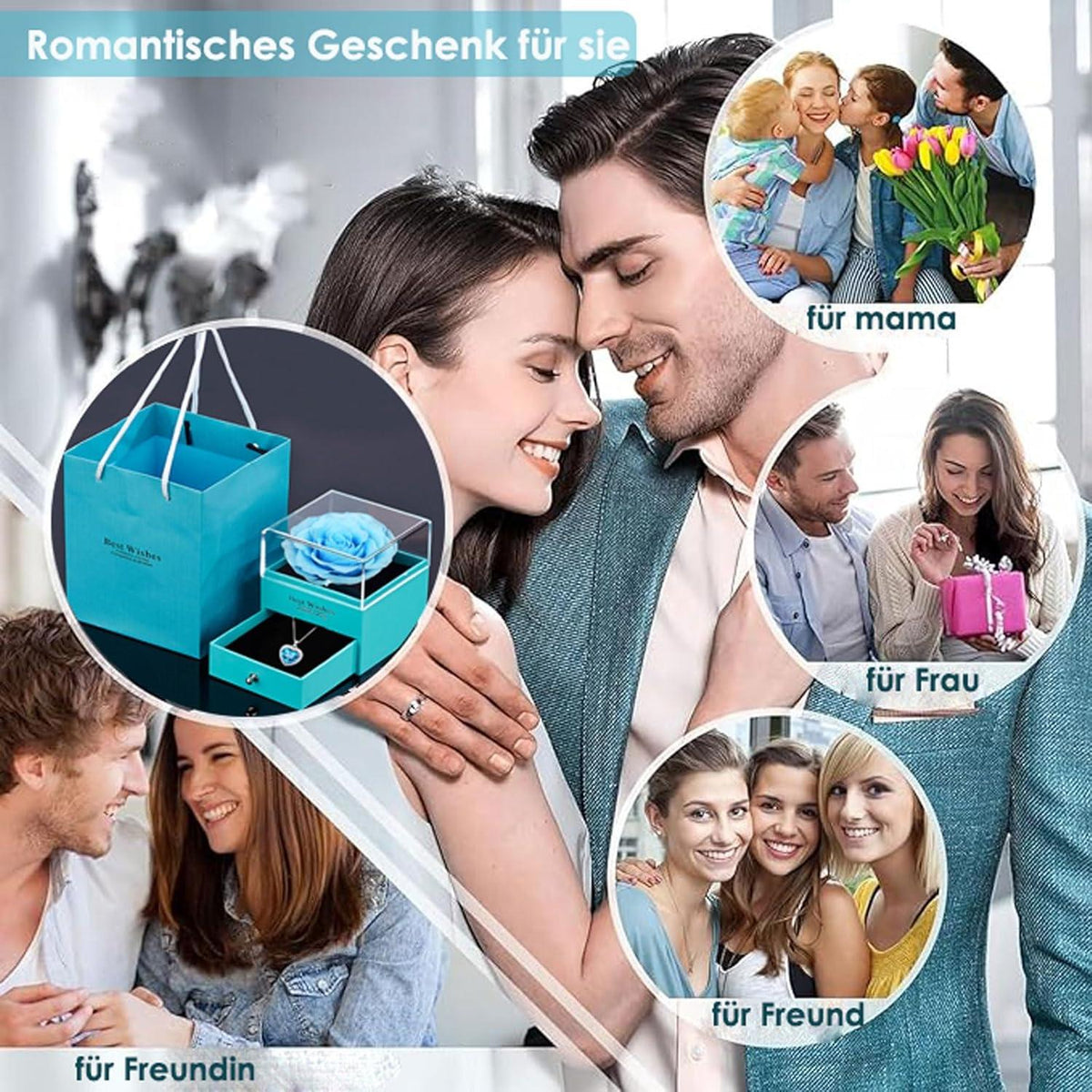 Ewige Rose Aquamarin Kette Silber 925 Damen Herz Kristall Halskette Blau Rose