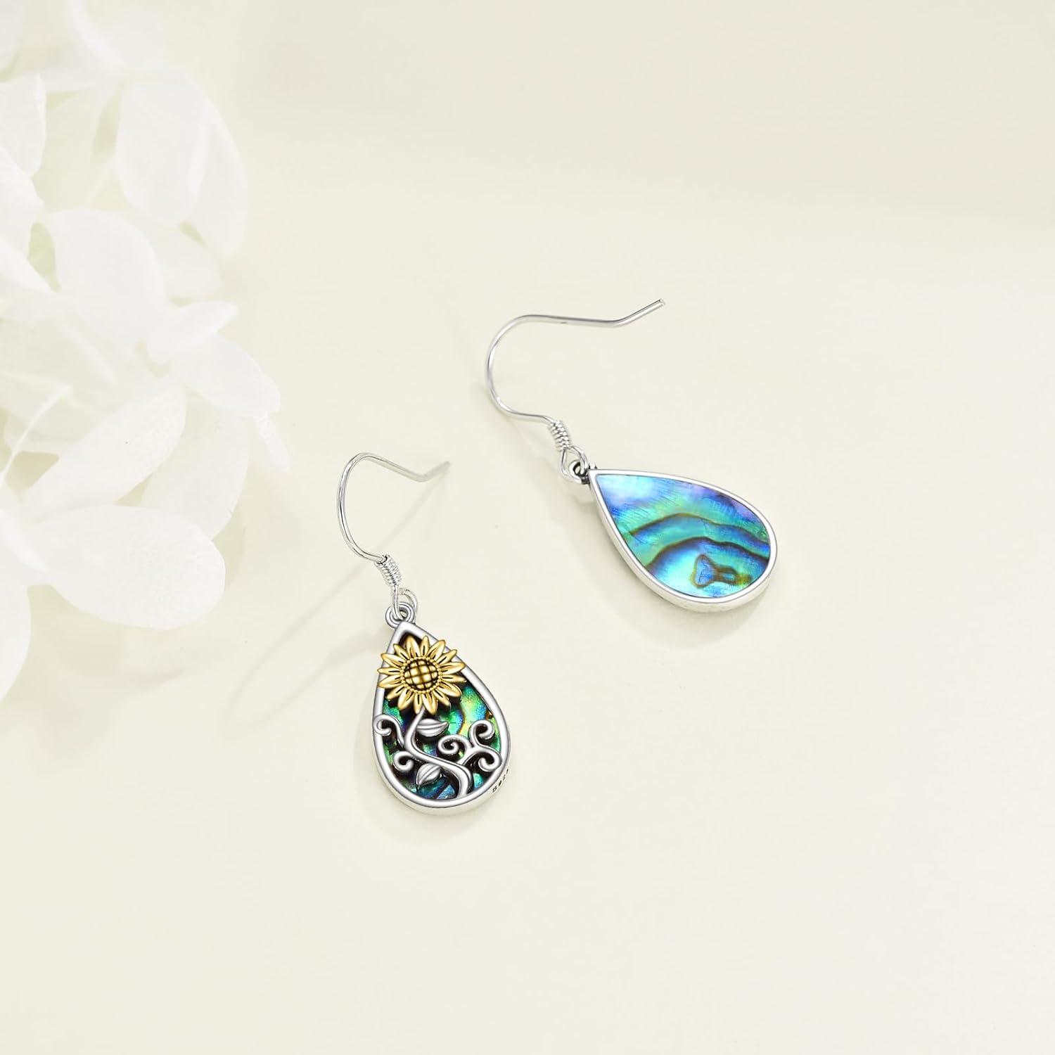 Teardrop Abalone Shell Sonnenblumen Ohrringe 925 Silber Dangle Earrings