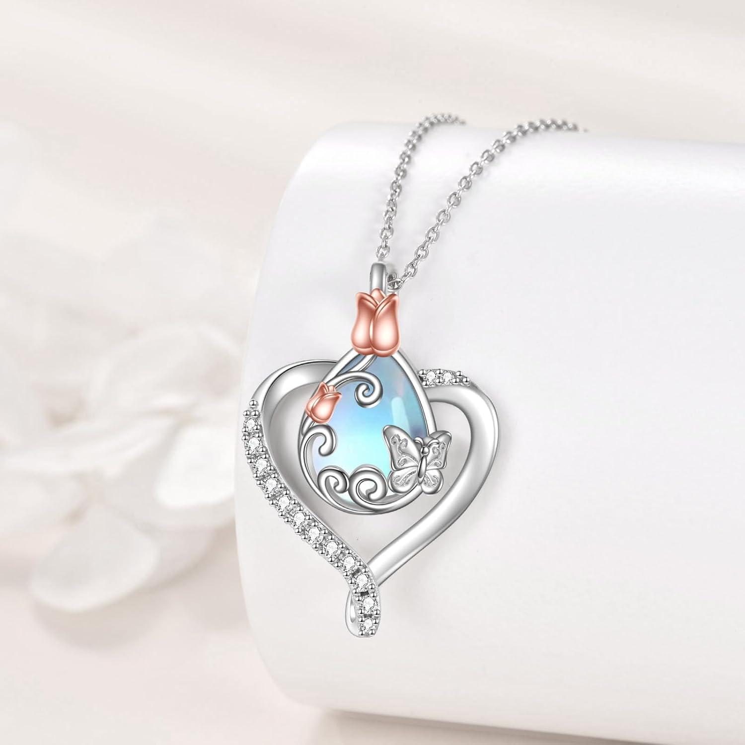Mondstein Schmetterling Halskette 925 Silber Herz-Anhänger