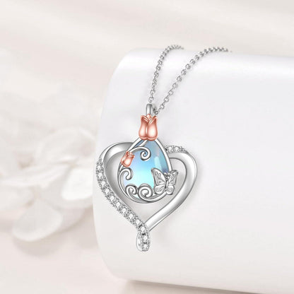 Mondstein Schmetterling Halskette 925 Silber Herz-Anhänger