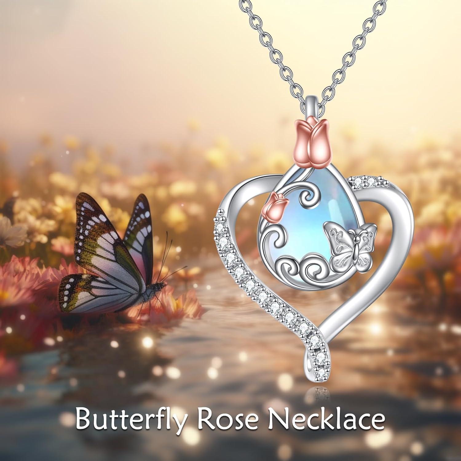 Mondstein Schmetterling Halskette 925 Silber Liebe Herz Anhänger Frau